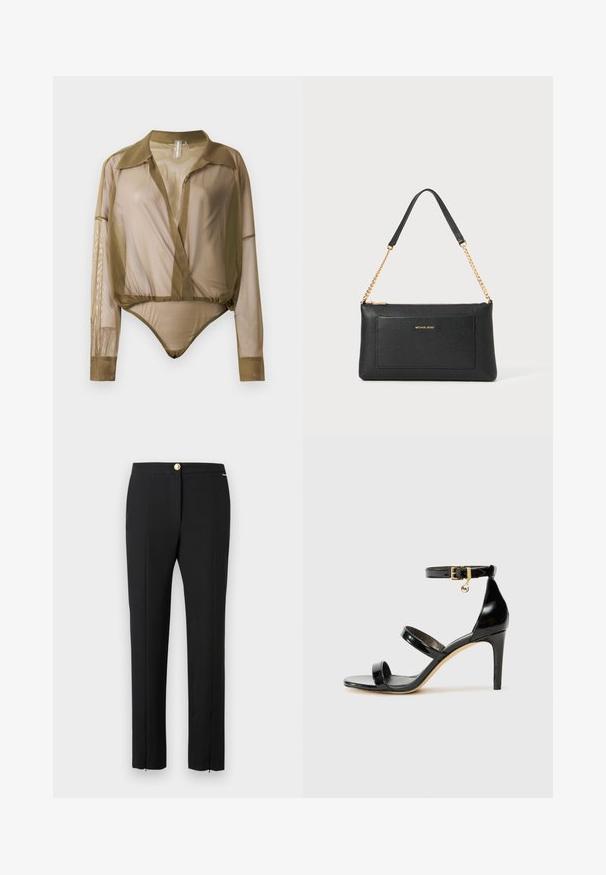 Bodysuit transparent à manches longues en vert olive, avec un col, un décolleté en V profond et une coupe ajustée à la taille avec un bas de bodysuit.; Pantalon droit pour femmes noires, avec pli sur le devant, braguette zippée et fermeture à bouton doré sur un fond uni.; Sandale en cuir verni noir avec trois brides, boucle de cheville et talon aiguille de 10 cm. Présente un détail en métal doré et un charm logo.; Pochette en cuir noir avec une texture en relief, bandoulière en chaîne dorée et une poche avant. Elle arbore un logo doré sur le devant.