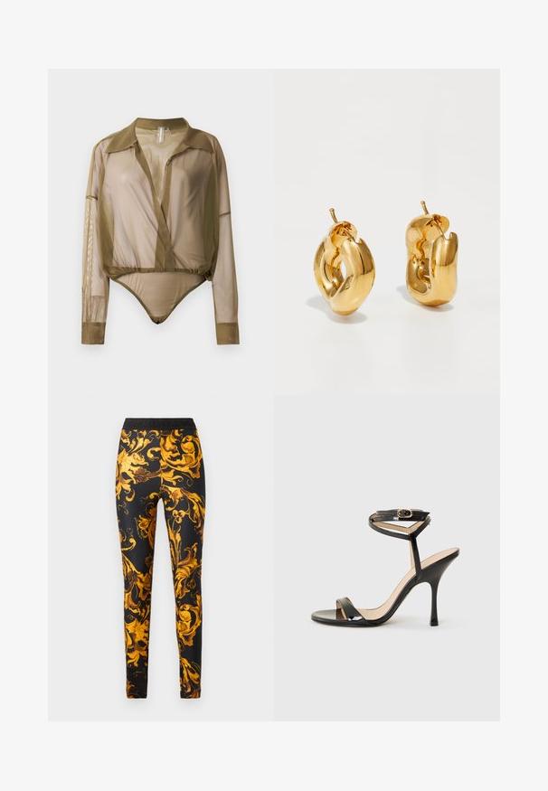Bodysuit transparent à manches longues en vert olive, avec un col, un décolleté en V profond et une coupe ajustée à la taille avec un bas de bodysuit.; Leggings noirs avec un motif baroque doré orné. La taille porte le nom de la marque "VERSACE JEANS" dans une couleur contrastante.; Sandale à talons hauts en cuir verni noir avec une fine bride de cheville et une boucle, orteil ouvert et talon aiguille mince sur fond blanc.; Boucles d'oreilles créoles en or massif avec un design tubulaire légèrement tordu et des fermoirs à tige sur un fond blanc.