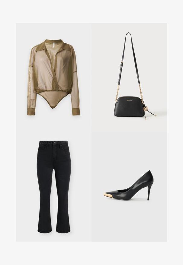 Bodysuit transparent à manches longues en vert olive, avec un col, un décolleté en V profond et une coupe ajustée à la taille avec un bas de bodysuit.; Jean noir taille haute avec bouton et fermeture éclair à l'avant, poches avant et arrière, et jambes légèrement évasées sur fond uni.; Pompe à talon haut en cuir noir avec bout pointu ; présente une accentuation métallique dorée sur le capuchon. Surface lisse avec un design épuré.; Sac bandoulière en cuir noir avec détails en chaîne dorée, sangle réglable, fermeture éclair et logo Michael Kors sur le devant.