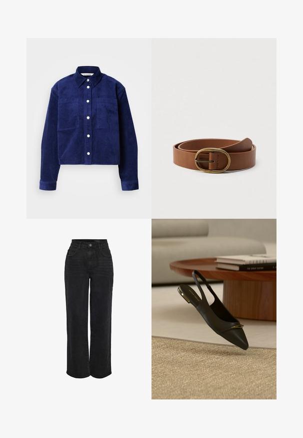 Veste en velours côtelé bleu marine avec deux poches avant, fermeture à boutons à l'avant, col et manches longues avec poignets à boutons.; Jean en denim noir taille haute avec jambes droites, bouton frontal et design à cinq poches.; Chaussure plate slingback en cuir noir à bout pointu avec un accent doré sur le bout et le talon, placée près d'une table basse ronde en bois et d'un tapis beige.; Ceinture en cuir marron enroulée avec une boucle ovale en laiton, présentée sur un fond blanc uni.
