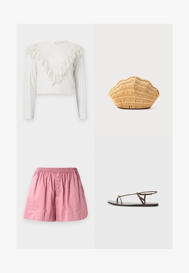Blouse blanche en dentelle à manches longues avec un bord volanté en forme de V sur le devant et des poignets ajustés, dotée d'un col montant et d'une fermeture à boutons au dos.; Shorts de nuit en coton rose avec une taille élastique, deux boutons à l'avant et une coupe ample. Le tissu est lisse avec une texture légèrement froissée.; Sandale en cuir marron avec des fines lanières, un accent circulaire doré et une semelle plate. Design minimaliste avec un détail de boucle réglable.; Sac à main en rotin tissé en forme de coquille Saint-Jacques de couleur brun clair naturel avec des bords arrondis et texturés.