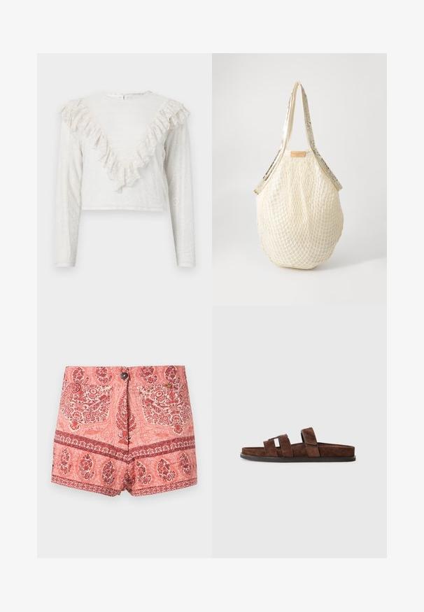 Blouse blanche en dentelle à manches longues avec un bord volanté en forme de V sur le devant et des poignets ajustés, dotée d'un col montant et d'une fermeture à boutons au dos.; Shorts taille haute pour femmes avec motifs floraux et cachemire rouges et roses détaillés, bouton à l'avant et poches latérales.; Sandale à glissière en suède marron avec trois lanières et une semelle noire plate sur fond blanc.; Sac en filet couleur crème avec un design tissé texturé et des anses dorées brillantes. Une étiquette en cuir avec le logo de la marque est attachée en haut.