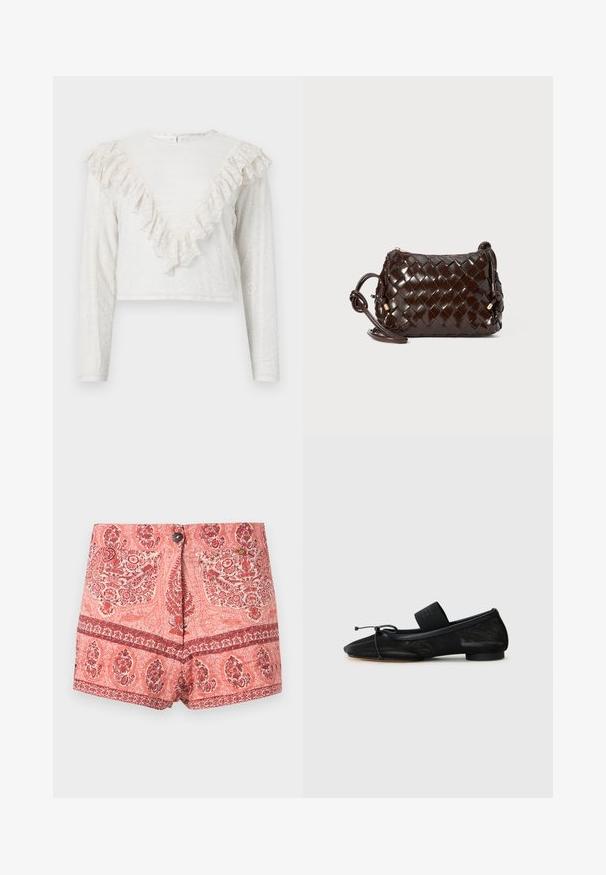 Blouse blanche en dentelle à manches longues avec un bord volanté en forme de V sur le devant et des poignets ajustés, dotée d'un col montant et d'une fermeture à boutons au dos.; Shorts taille haute pour femmes avec motifs floraux et cachemire rouges et roses détaillés, bouton à l'avant et poches latérales.; Chaussure plate noire avec un bout pointu, fabriquée en tissu texturé, avec un accent à nœud et un petit talon rond. Sangle élastique au niveau de la cheville.; Sac en cuir tissé marron foncé avec une bandoulière nouée et une tirette dorée sur fond blanc.