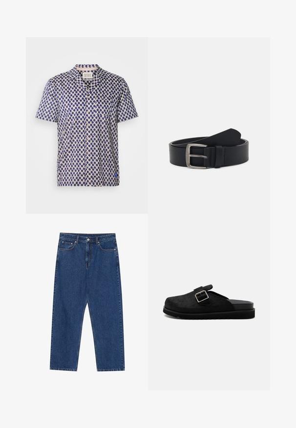 Camisa de manga corta con tela de color beige claro y un patrón de puntos en azul oscuro, cuello con muesca y cierre frontal de botones. Incluye un bolsillo en el pecho.; Jeans de denim en azul oscuro, con un corte recto, bolsillos frontales y una bragueta de botones con costuras en contraste en toda la prenda.; Zueco negro tipo slip-on con parte superior texturizada, correa con hebilla plateada y suela gruesa estriada, mostrado de perfil sobre fondo blanco.; Cinturón de cuero negro con hebilla de metal plateado, que presenta un acabado liso y un diseño clásico. El cinturón está enrollado con el extremo apuntando.