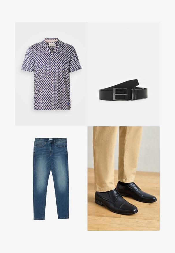 Camisa de manga corta con tela de color beige claro y un patrón de puntos en azul oscuro, cuello con muesca y cierre frontal de botones. Incluye un bolsillo en el pecho.; Vaqueros de mezclilla en azul medio con un lavado descolorido, diseño de cinco bolsillos, corte recto y acentos cosidos. Cierre con botón y cremallera.; Zapatos de vestirse de cuero negro con un acabado suave, que presentan una punta redondeada, un diseño con cordones y un sutil logotipo en el costado, combinados con pantalones caqui.; Cinturón de cuero negro con hebilla rectangular de metal plateado, diseño plano y textura suave. Los extremos se estrechan para facilitar el enhebrado.