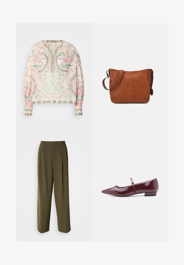Blouse légère crème avec imprimé floral en rose et vert. Présente un col froncé et des accents bruns délicats. Manches longues.; Pantalons à jambes larges vert olive en tissu lisse, dotés d'une taille haute, de plis sur le devant et de poches latérales pour plus de fonctionnalité.; Ballerines vernies bordeaux avec un bout pointu, un talon plat et une bride avec un petit détail de boucle.; Sacoche en cuir brun avec une forme incurvée, une sangle ajustable et des détails de couture minimaux, offrant un intérieur spacieux.