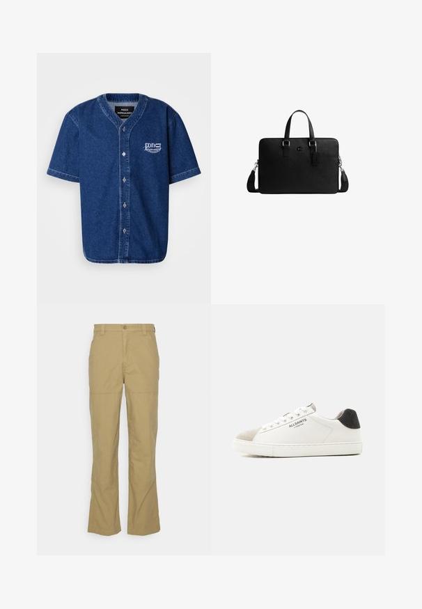 Kortærmet, button-up skjorte lavet af mørkeblå denim med klassisk krave og hvidt broderet logo på venstre bryst.; Khaki bomuldsbukser med lige snit, der har to sidelommer, en knaplukning og en knæsynt for ekstra design detalje.; Hvid lavt snørestøvle med beige ruskindståkappe, sort hælflig, hvide snørebånd og "ALLSAINTS LONDON" logo på siden.; Sort lædermappe med to håndtag, aftagelig skulderrem og et lille hængende mærke på en hvid baggrund.