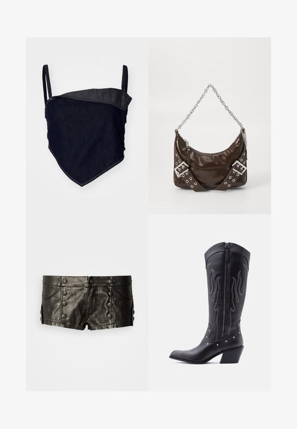 Bralette en denim avec un design ajusté. Tissu bleu foncé avec un panneau angulaire plus clair. Bretelles réglables et détails de couture visibles.; Shorts en cuir noir taille basse avec boutons métalliques décoratifs sur le devant et les côtés, dotés de poches avant et de détails de couture.; Bottes de cow-boy en cuir noir avec bout pointu, coutures apparentes, ornements à clous argentés et fermeture éclair sur le côté intérieur.; Sac à main en cuir verni marron foncé avec une bandoulière en chaîne argentée, des ceintures décoratives à double boucle et une fermeture éclair.