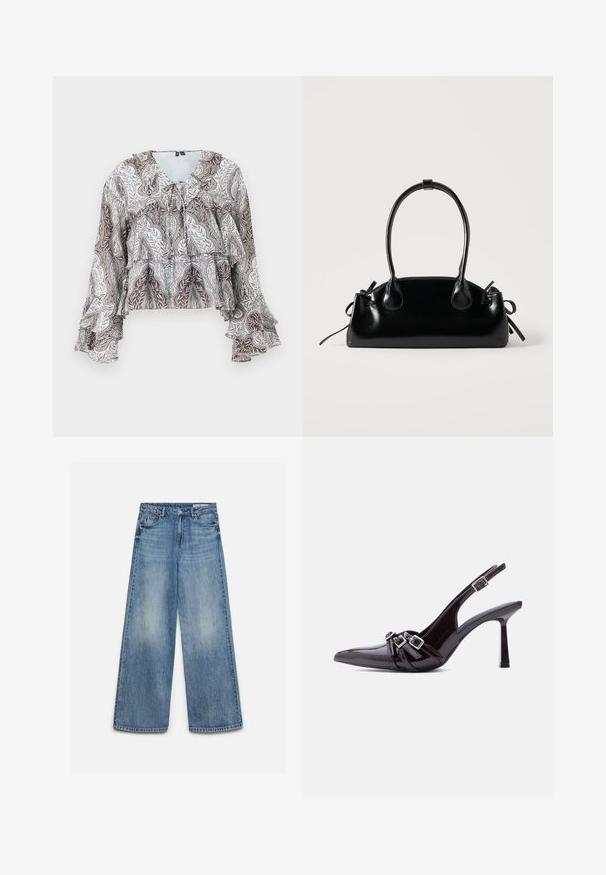 Blouse à manches longues brun et blanc avec motif cachemire, poignets à volants, détails à volants superposés et petit nœud au niveau de l'encolure.; Jean en denim bleu à jambes larges avec un effet délavé à l'avant, bouton avant, fermeture éclair et poches avant avec passants de ceinture.; Chaussure à talon haut slingback en cuir verni noir, bout pointu, avec trois brides décoratives bouclées sur le dessus.; Petit sac à main noir brillant avec deux longues anses et des détails à cordon sur les côtés sur un fond clair uni.