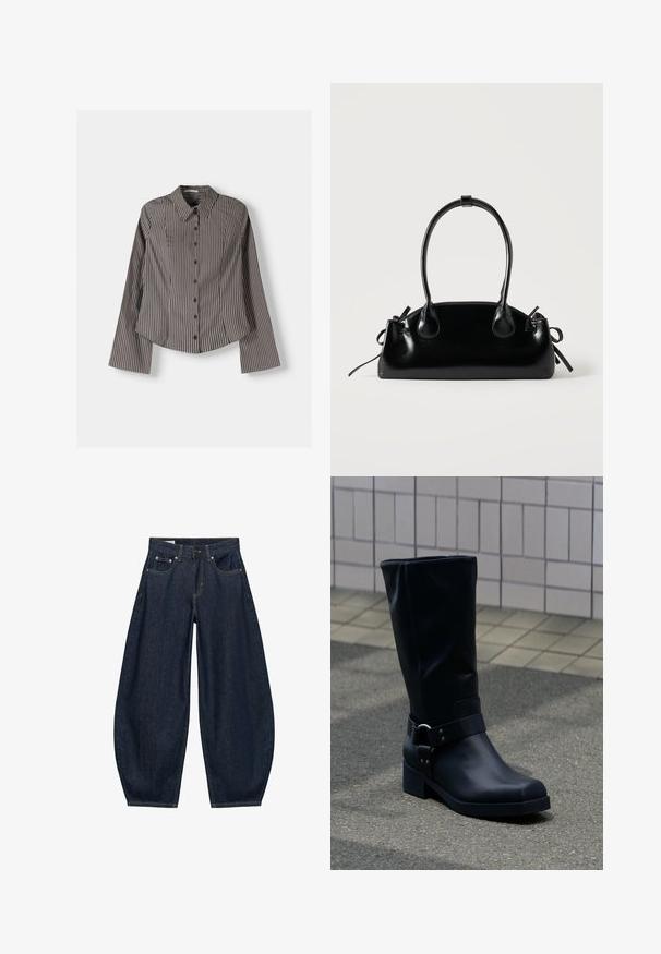 Chemise à boutons rayée marron et blanc, dotée de manches longues, d'un col pointu et d'un ourlet arrondi. Tissu texturé avec des rayures verticales.; Jean en denim bleu foncé à jambes larges avec poches avant, passants de ceinture et fermeture par bouton à la taille.; Botte en cuir noire mi-mollet avec un petit talon bloc et une bride décorative avec boucle métallique autour de la cheville, sur un trottoir carrelé.; Petit sac à main noir brillant avec deux longues anses et des détails à cordon sur les côtés sur un fond clair uni.