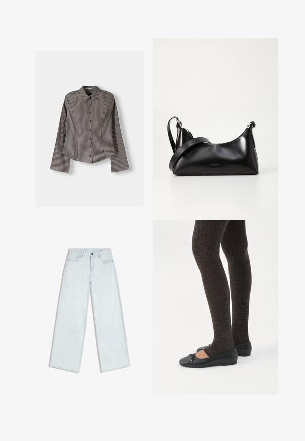 Chemise à boutons rayée marron et blanc, dotée de manches longues, d'un col pointu et d'un ourlet arrondi. Tissu texturé avec des rayures verticales.; Jean bleu clair à jambes larges avec fermeture à boutons et fermeture éclair sur le devant, passants pour ceinture et style cinq poches, posé à plat sur un fond blanc.; Jambes portant des leggings côtelés foncés associés à des ballerines noires avec de petits détails en nœud sur fond blanc.; Sac à main en cuir noir avec une texture lisse. Dispose d'une bandoulière adjustable et d'un design élégant et minimaliste avec une fermeture éclair.