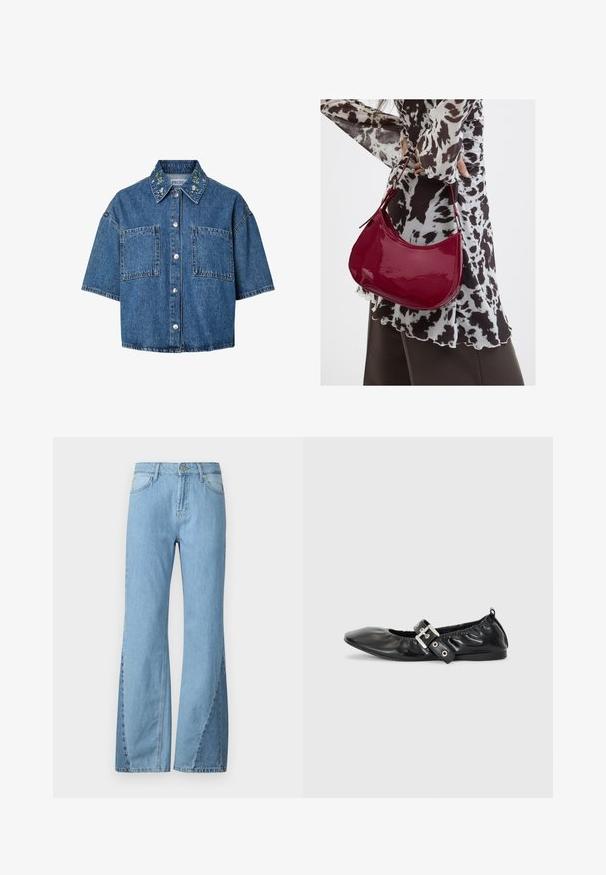 Πουκάμισο denim με κοντά μανίκια, κουμπιά, δύο μπροστινές τσέπες και κεντήματα με λουλούδια στο γιακά.; Ανοιχτό μπλε τζιν παντελόνι σε φάκελο, κατασκευασμένο από τζιν ύφασμα, με ψηλή μέση, λεπτομέρειες στις πλευρικές ραφές και κλασικό σχέδιο πέντε τσεπών.; Μαύρο δερμάτινο φλατ παπούτσι με μυτερή μύτη, συγκεντρωμένες λεπτομέρειες γύρω από το άνοιγμα και μια ασημένια αγκράφα ως λεπτομέρεια στη ρυθμιζόμενη λουρίδα.; Γυναίκα που φοράει μια μπλούζα με μαύρο-άσπρο μοτίβο κρατάει μια γυαλιστερή κόκκινη τσάντα ώμου σε απλό φόντο.