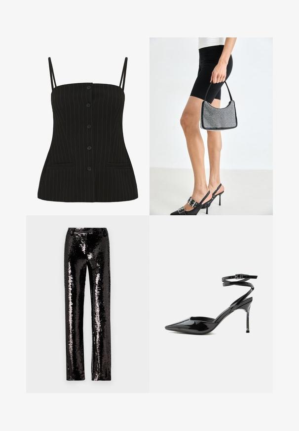 Haut noir à rayures avec de fines bretelles, comportant un bouton à l'avant et deux poches latérales, fabriqué à partir d'un tissu lisse.; Pantalons noirs en sequins avec une coupe droite, présentant une texture brillante et une surface scintillante qui reflète la lumière. Pas de fermetures visibles.; Escarpin à talon aiguille en cuir verni noir, bout pointu, fines lanières à la cheville et petite boucle.; Sac à main à perles noires avec une silhouette courbée, une poignée de transport et une texture brillante. Porté avec des chaussures à talons hauts noires et un short noir ajusté.
