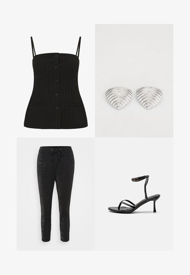 Haut noir à rayures avec de fines bretelles, comportant un bouton à l'avant et deux poches latérales, fabriqué à partir d'un tissu lisse.; Pantalons noirs avec une texture brillante, dotés d'une taille à cordon, de deux poches avant et de jambes fuselées pour une apparence ajustée.; Sandales à talons hauts noires avec un design à fines lanières, texture lisse, boucle à la cheville et bout pointu. Détail de bride de cheville ajustable.; Boucles d'oreilles en argent avec un design ondulé et texturé, en forme de croissants superposés ; la finition polie accentue les qualités réfléchissantes.