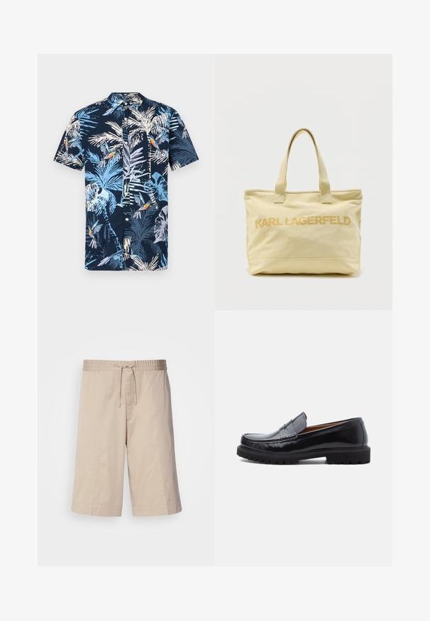 Korte mouwen shirt met een marineblauwe achtergrond en een tropisch patroon van lichtblauwe palmbladeren en kleurrijke vogels. Met een knoopsluiting bij de kraag.; Beige katoenen shorts met een elastische tailleband, trekkoord en rechte pasvorm. Heeft geen zakken en een gladde, lichte textuur.; Zwarte leren penny loafer met chunky rubberen zool en moc-toe stiksel, in profiel weergegeven op een witte achtergrond.; Beige canvas draagtas met twee handvatten en "KARL LAGERFELD" gedrukt in bijpassende beige letters over de voorkant.
