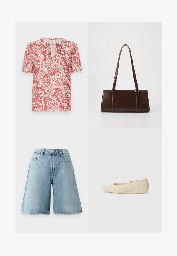 Kortærmet bluse i lys rød med cremefarvet blomster- og geometrisk mønster, med en nøglehul-udskæring og blødt, let stof.; Lys blå denimshorts med løs pasform, mellemhøj talje, fem lommer og kontrastsyninger. Stof er i en blød kvalitet.; Lysebrune ballet flats med en glat læderoverflade, mandelformet tå og elastisk rem over vristen, med diskrete syninger.; Brun lakeret håndtaske med rektangulær form, to lange håndtag og subtile buede detaljer på fronten.