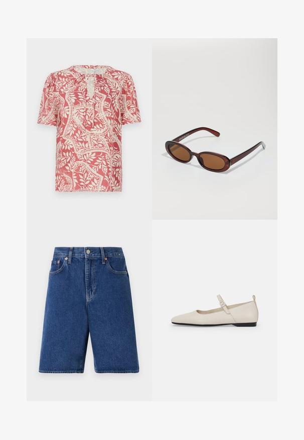 Kortærmet bluse i lys rød med cremefarvet blomster- og geometrisk mønster, med en nøglehul-udskæring og blødt, let stof.; Mørkeblå denimshorts med en klassisk pasform, fem-lomme design og orange syninger. Afsluttet med en frontknap og lynlås.; Hvide ballerinasko i læder med spids tå, ankelsnor og lav sort hæl. Glat tekstur med minimale detaljer.; Runde, bruntonede solbriller med en glansfuld bordeauxramme. Slanke arme med diskret brandingdetalje. Flad linsedesign.