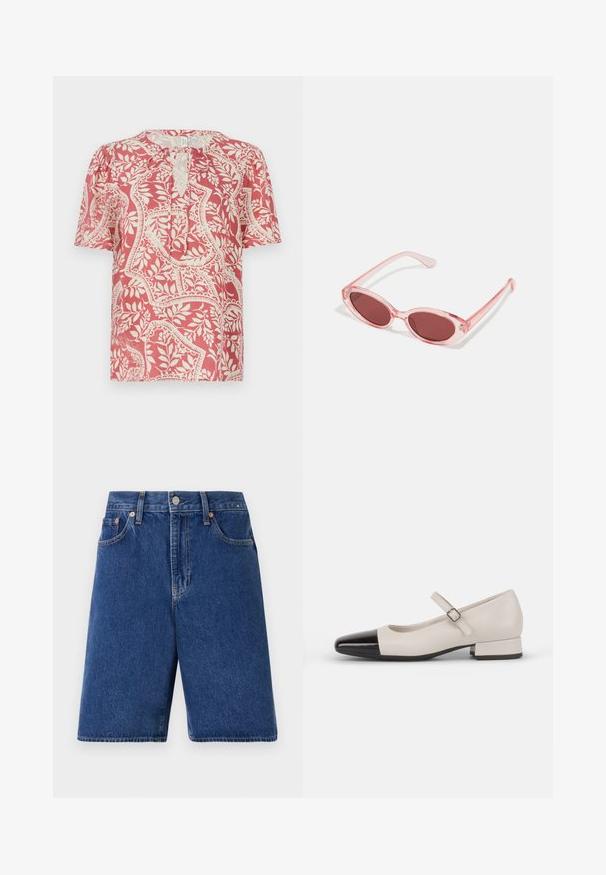 Blusa de manga corta en rojo claro con un patrón floral y geométrico en crema, que presenta un escote en forma de lágrima y un tejido suave y ligero.; Shorts de mezclilla en azul oscuro con un ajuste clásico, diseño de cinco bolsillos y costuras naranjas. Terminados con un cierre frontal de botón y cremallera.; Zapato estilo Mary Jane en cuero crema con puntera de charol negro. Presenta una punta redonda, tirante en el tobillo con una hebilla cuadrada y un tacón bajo y cuadrado.; Gafas de sol transparentes rosas con lentes ovalados, tinte rojo oscuro y varillas delgadas, con un acabado suave y detalles sutiles en la montura.