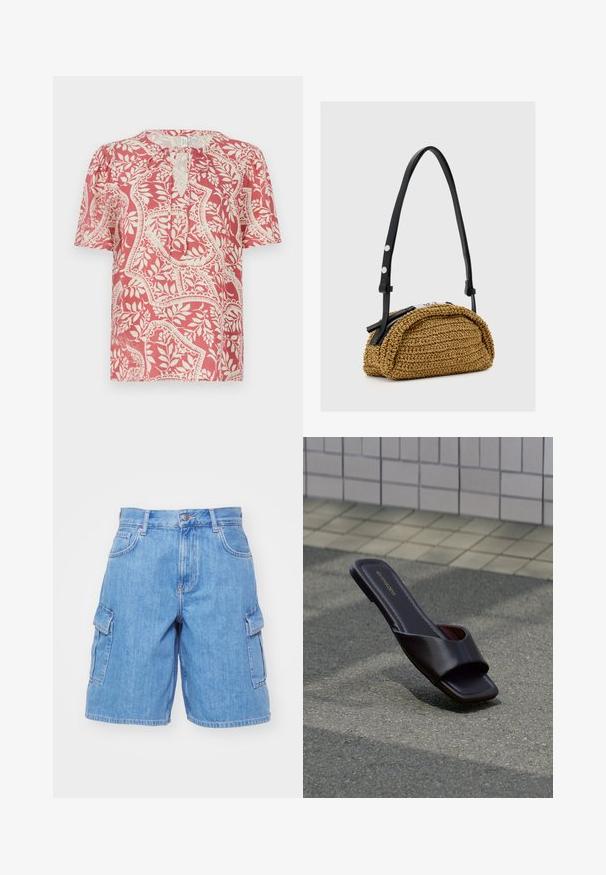 Kortærmet bluse i lys rød med cremefarvet blomster- og geometrisk mønster, med en nøglehul-udskæring og blødt, let stof.; Denim cargo shorts i lys blå, med to sidelommer, en knaplukning, bæltestropper og en afslappet pasform. Smoother stofstruktur.; Mørkebrun sandal med åben tå, firkantet tå og bred rem, hvilende på grå asfalt nær flisebelagt fortov.; Lille tan vævet håndtaske med buet form, sort justerbar læderstrop og sølv lynlåslukning.
