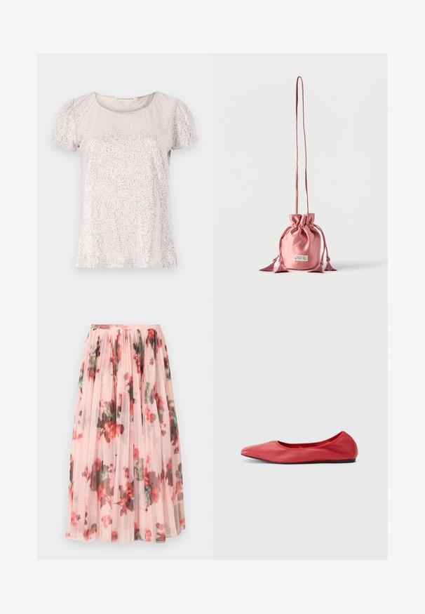 T-shirt à manches courtes en beige clair avec une surface texturée ornée de sequins, présentant un col rond et des manches froncées.; Jupe en tulle avec une base rose pâle, présentant un motif floral en rouge et vert. Le tissu est transparent avec des plis froncés à la taille.; Filippa K REY FLATS - Ballerines - bright red; Petit sac en satin rose avec cordon de serrage, longue sangle et détails à pampilles, debout sur un fond blanc uni.