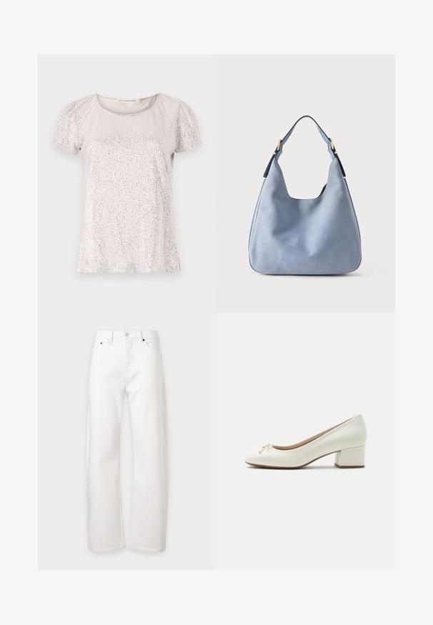 T-shirt à manches courtes en beige clair avec une surface texturée ornée de sequins, présentant un col rond et des manches froncées.; Jean blanc taille haute à jambes droites avec poches avant, passants pour ceinture et fermeture par bouton sur fond uni.; Escarpin blanc en cuir pour femme avec petit talon, bout rond, petit nœud devant et talon bloc sur un fond clair uni.; Sac à bandoulière en cuir bleu clair avec une seule sangle et des accents de boucle couleur or, logo Michael Kors au centre en bas.