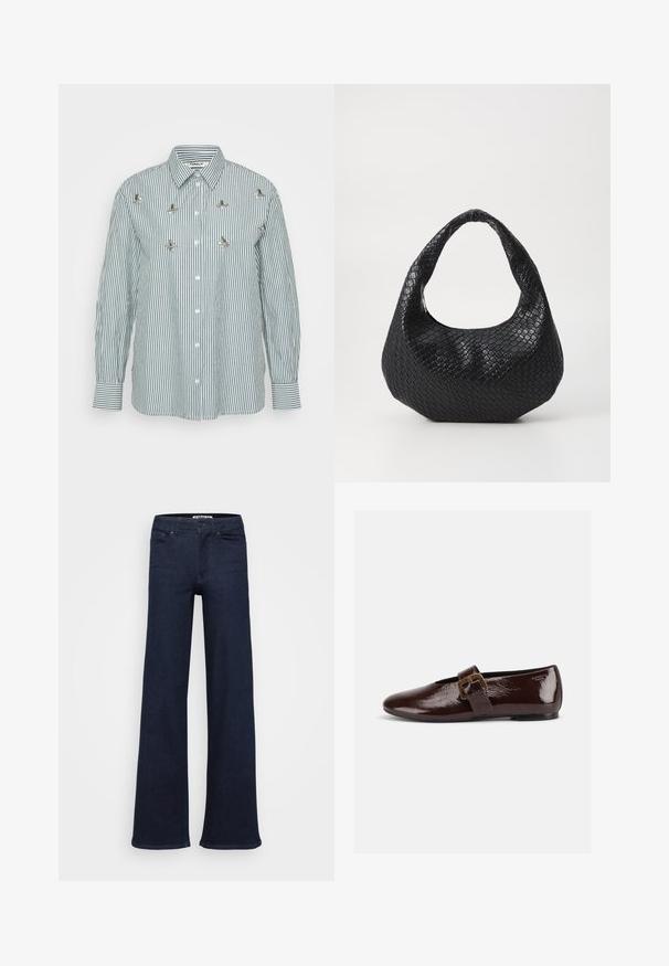 Stribet langærmet skjorte i grøn og hvid med lodrette striber, knaplukning foran og dekorative metalblomsterdetaljer.; Mørkeblå, vidde ben jeans lavet af denim. Har et klassisk fem-lomme design, frontknap lukning og lige syninger.; Mørkebrun laklædersko med stor guldlås og rund tå, vist i sideprofil på hvid baggrund.; Sort flettet håndtaske med et buet håndtag, der har en struktureret overflade og en afslappet form. Glat finish med en organisk silhuet.
