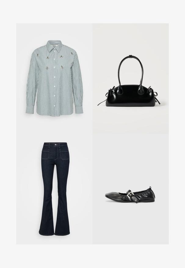 Stribet langærmet skjorte i grøn og hvid med lodrette striber, knaplukning foran og dekorative metalblomsterdetaljer.; Mørkeblå flagrende jeans lavet af denim, med høj talje, fem lommer og kontrastsyninger langs sømmene. Glat tekstur.; Sorte læder flade sko med spids tå, samling detaljer omkring åbningen, og en sølv spænde accent på den justerbare rem.; Lille sort blank håndtaske med to lange håndtag og snøre-detaljer i siden på en ensfarvet lys baggrund.