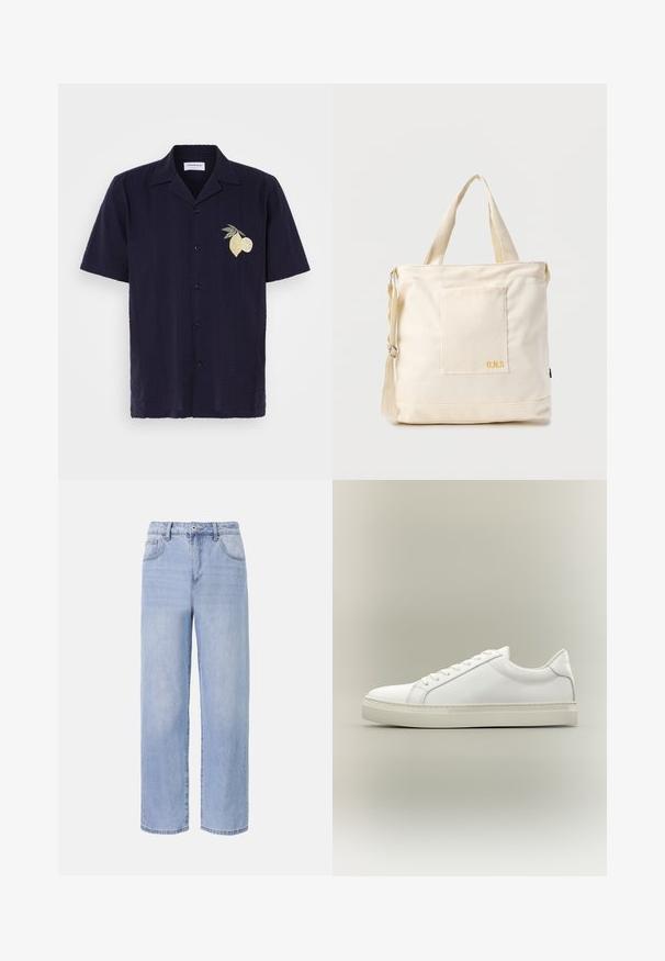 Chemise navy à manches courtes avec un motif texturé et des rayures verticales. Présente un design brodé de citron et de lime sur la partie gauche de la poitrine.; Jean en denim bleu clair avec une coupe décontractée et des jambes larges. Les caractéristiques incluent cinq poches, une fermeture à bouton à l'avant et une décoloration subtile.; Baskets blanches basses à lacets sur l’avant et semelle épaisse, vues de côté sur un fond neutre.; Sac fourre-tout en toile crème avec poche avant, deux poignées, bandoulière réglable et petit texte jaune "O.N.S" en bas à droite de la poche.