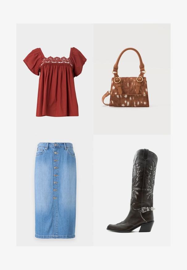 Rode katoenen top met korte uitlopende mouwen en kantdetails rond de hals. De stof heeft een zachte textuur en een relaxte pasvorm.; Blauwe denim midi-rok met een rechte snit, voorzien van een sluiting met knopen aan de voorkant, vijf zakken en een vervaagde wassing voor textuur.; Zwarte leren cowboylaars met decoratieve uitsnijdingen, zilveren gesp en schuine hak, weergegeven op een witte achtergrond.; Bruine handtas met wit gevlekt patroon, gouden gespsdetails, korte afgeronde handgreep en een afneembare schouderriem op een witte achtergrond.