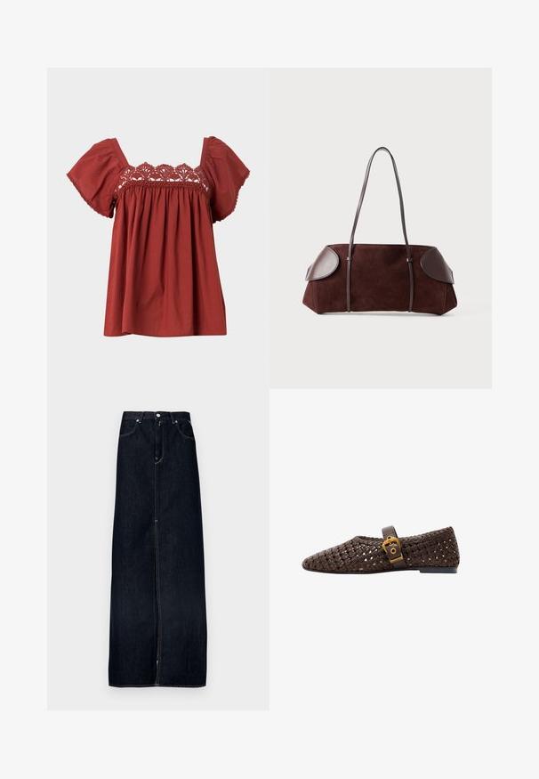 Haut en coton rouge avec des manches courtes évasées et des détails en dentelle le long de l'encolure. Le tissu a une texture lisse et une coupe décontractée.; Jupe maxi en denim foncé à coupe droite, avec une fermeture éclair à l'avant, design cinq poches, et des accents de couture clairs.; Chaussure plate tressée marron foncé avec un bout pointu et une bride Mary Jane ornée d'une boucle dorée.; Sac en daim marron avec des accents en cuir, forme structurée, double poignées, bords arrondis, présentant une texture lisse et un matériel minimal.
