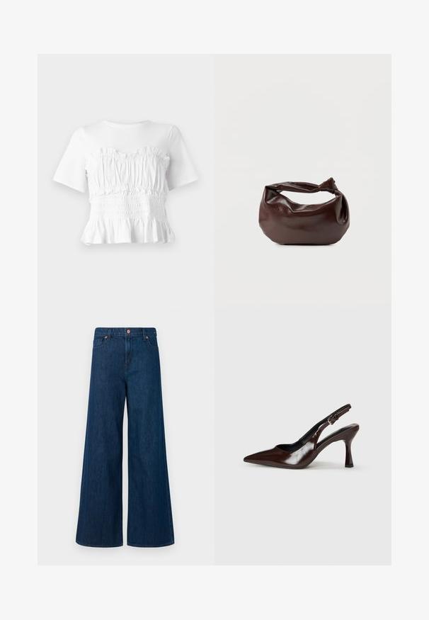 Top blanco de manga corta con un cuerpo fruncido y volante, y un dobladillo acampanado, que muestra un diseño texturizado y un color sólido.; Jeans de mezclilla de pierna ancha azul con cierre frontal de botón, trabillas para el cinturón y diseño de cinco bolsillos sobre un fondo blanco.; Zapatos de tacón slingback de charol marrón con punta afilada, tacón delgado y correa ajustable con una pequeña hebilla.; Bolso de hombro de cuero marrón oscuro con una forma suave y caída, y un asa con nudo torcido sobre un fondo blanco liso.