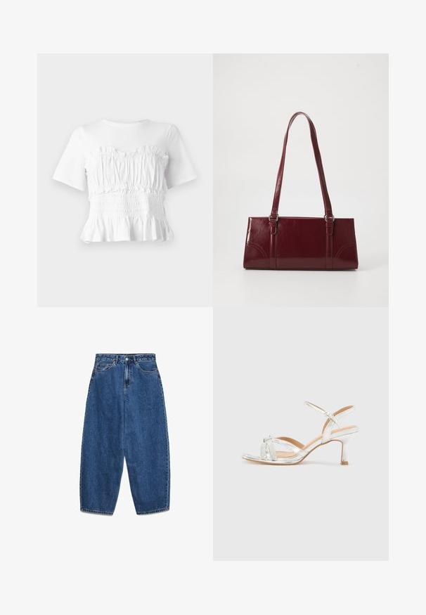Hvid kortærmet top med en rynket, smocket bodice og en udskåret kant, der viser et tekstureret design og en ensfarvet farve.; Blå denimjeans med høj talje, afslappet pasform og lige ben. Klassisk design med fem lommer, lynlås og knaplukning.; Sølvhælede sandaler har et krydsdesign med glitrende detaljer, smalle stropper og en tynd hæl. Glat metallisk overflade og beige sål.; Bordeaux håndtaske lavet af glansfuldt materiale, rektangulær form, med to skulderremme og subtile buede detaljer på forsiden.