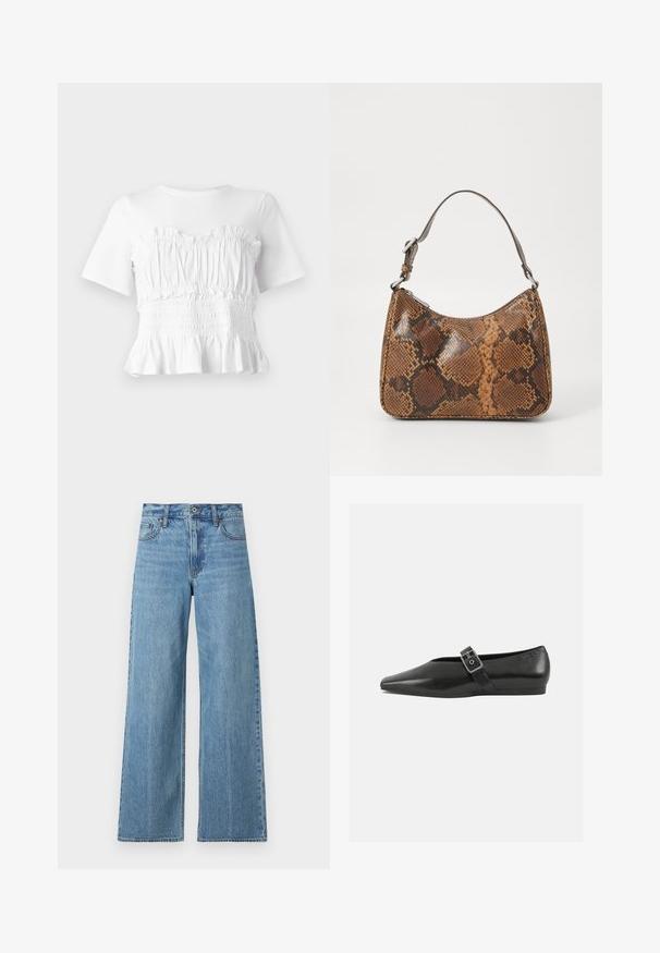Weißes T-Shirt mit kurzen Ärmeln, einem gerafften, gefältelten Oberteil und einem ausgestellten Saum, der ein strukturiertes Design und eine einfarbige Optik zeigt.; Hellblaue, weite Jeans aus Denim mit hoher Taille, kontrastierenden Nähten und einem Fünf-Taschen-Design sowie einem Knopfverschluss.; Schwarze Lederflachschuhe mit spitzem Zehenbereich, ausgestattet mit einem metallischen Riemen über dem Spann und einer niedrigen, flexiblen Sohle.; Kleine Handtasche mit braunem und schwarzem Schlangenledermuster, kurzem verstellbarem Tragegurt und Reißverschluss.