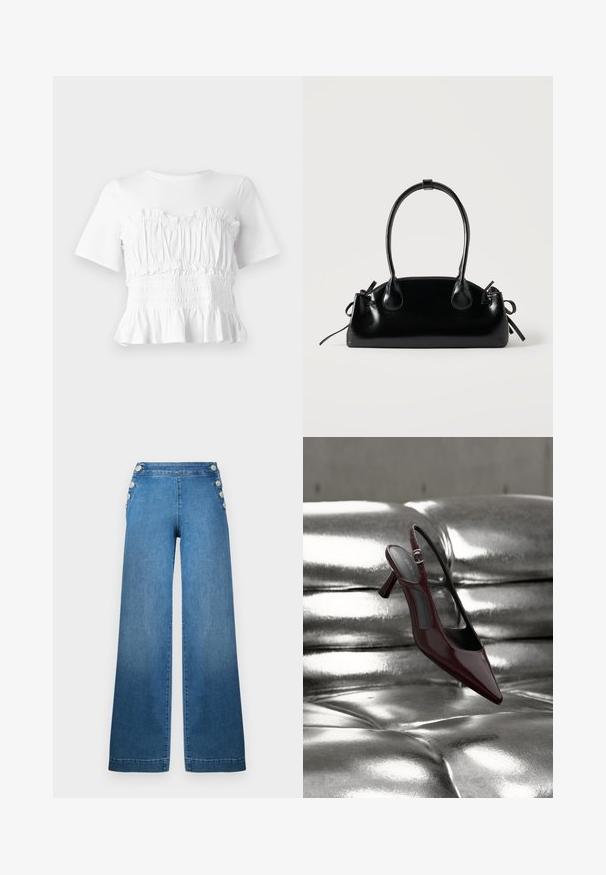 Hvid kortærmet top med en rynket, smocket bodice og en udskåret kant, der viser et tekstureret design og en ensfarvet farve.; Bredde ben blå denim bukser med høj talje, knappede sidde accenter og en ren kant. Stoffet har en glat tekstur med let falmning.; Blank mørkerød slingback højhælet sko med spids tå, vist på en skinnende sølvfarvet polstret læderoverflade.; Lille sort blank håndtaske med to lange håndtag og snøre-detaljer i siden på en ensfarvet lys baggrund.