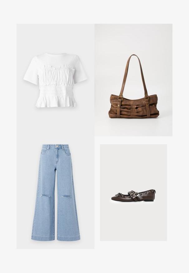 Top blanco de manga corta con un cuerpo fruncido y volante, y un dobladillo acampanado, que muestra un diseño texturizado y un color sólido.; Jeans de pernera ancha de color azul claro con una cintura alta, que cuentan con dos bolsillos frontales y dos detalles de rodillas rasgadas, elaborados en material de denim.; Zapato plano de cuero marrón con doble correa con hebilla plateada, cordones decorativos a lo largo de los bordes y un pequeño lazo en la puntera puntiaguda.; Even&Odd Bolso de mano - brown