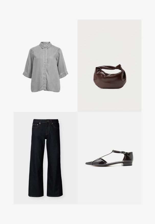 Chemise en jean grise à manches courtes avec col et fermeture à boutons-pressions sur le devant, coupe ample et détails de coutures visibles.; Jean denim bleu foncé à jambes larges avec bouton frontal, fermeture éclair et style cinq poches sur fond clair uni.; Chaussure à talon bas en cuir verni noir, bout pointu et bride en T avec fermeture à boucle, vue de profil sur un fond uni.; Sac bandoulière en cuir marron foncé avec une forme souple et décontractée et une anse nouée torsadée sur un fond blanc uni.