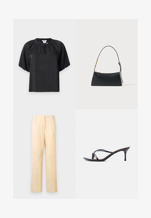 Top negro de manga corta hecho de una tela ligera, con un escote redondo, detalles plisados y un pequeño botón decorativo en el cuello.; Pantalones sueltos de color amarillo claro con un sutil estampado de hojas. Cuentan con una cinturilla elástica y un diseño de pierna recta. Textura suave.; Sandalia de tacón de charol negro con tiras finas cruzadas y un tacón de aguja delgado de altura media, sobre un fondo blanco.; Bolso de mano de cuero negro con cremallera dorada y correa ajustable con detalles rectangulares dorados sobre un fondo blanco.