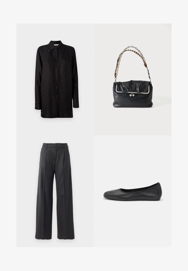 Schwarzes Hemd mit Knopfleiste aus glattem Stoff, das ein dezentes, strukturiertes Muster aufweist, mit spitzem Kragen und langen Ärmeln.; Schwarze, weit geschnittene Hose mit Falten, aus einem glatten Stoff gefertigt. Verfügt über einen taillierten Bund und klare Linien, geeignet für formelle Anlässe.; Schwarze Leder-Ballettschuhe mit abgerundeter Spitze, glatter Textur, minimalen Nähdetails und einem flexiblen Sohlen-Design.; Schwarze Lederclutch mit silbernem Rahmen und Verschluss, mit kurzem Griff, der silberne Kette und gelb-schwarz karierten Stoff kombiniert.