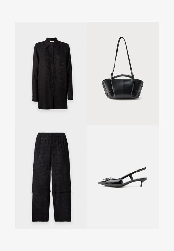 Must žakas, mis on valmistatud siledast kangast, omab peent tekstuurmustrit, teravat kraed ja pikkade varrukatega.; Henrik Vibskov SHANTS PANTS - Püksid - black; Mustast lakknahast slingback-kingad madalate kontsade, terava nina, lõigatud küljed, pandlaga rihm ja ümmarguse metallilise detailiga ninaosas.; Mustast nahast käekott kõverate joontega, kogutud külgedega, punutud sangaga ja pika õhukese rihmaga valgel taustal.