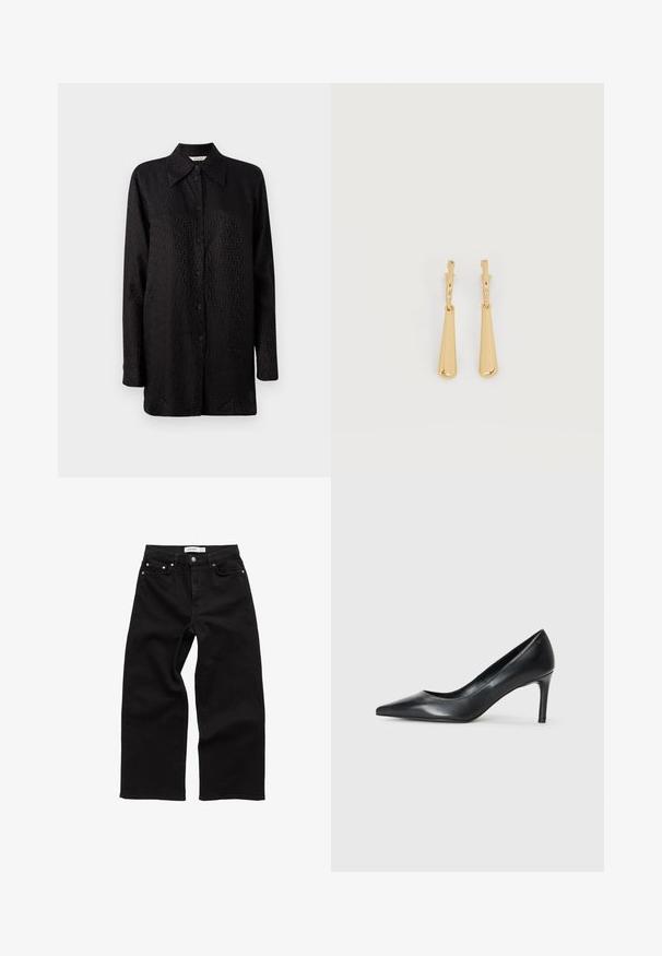 Sort knapforret skjorte lavet af glat stof, med et subtilt, struktureret mønster, spidse kraver og lange ærmer.; Sorte højtaljede boyfriend jeans med knap- og lynlås lukning, for- og baglommer med kobbernitter detaljer.; Sorte læder spidse pumps med en slank hæl, glat tekstur og ingen synlige udsmykninger. Rent design med en minimalistisk æstetik.; Øreringe i guldfarvet metal med glatte, aflangt dråbeformede vedhæng, der hænger fra små creol-låse på en hvid baggrund.