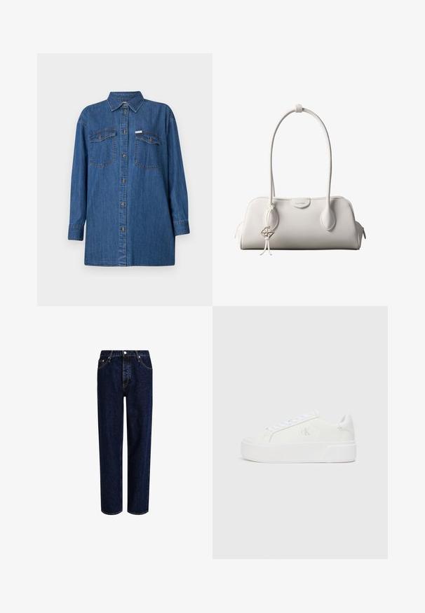 Chemise en denim, à manches longues, bleue clair, deux poches poitrine, fermeture à boutons sur le devant, col classique, tissu texturé, coupe décontractée.; Jeans en denim bleu foncé avec une coupe droite, dotés d'une taille haute, d'un style à cinq poches et de coutures contrastantes. Sans embellissements.; Baskets plateformes blanches avec une tige en cuir lisse, bout arrondi, lacets blancs et un logo discret sur le côté. Semelle en caoutchouc plate.; Sac à bandoulière blanc Calvin Klein avec longues poignées, forme rectangulaire, fermeture éclair et charm logo décoratif suspendu près de la poignée.
