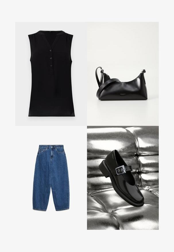 Sort ærmeløs top med V-hals, knappetryk foran og subtile plisseringer ved skuldrene. Lavet af blødt, letvægtsstof med en glat overflade.; Blå denimjeans med høj talje, afslappet pasform og lige ben. Klassisk design med fem lommer, lynlås og knaplukning.; Sorte læder Mary Jane sko med firkantet tå, en sølv spænde accent og en chunky lav hæl, sat mod en glansfuld sølv baggrund.; Sort læderhåndtaske med en glat tekstur. Har en justerbar stropp og et enkelt, minimalistisk design med lynlås.