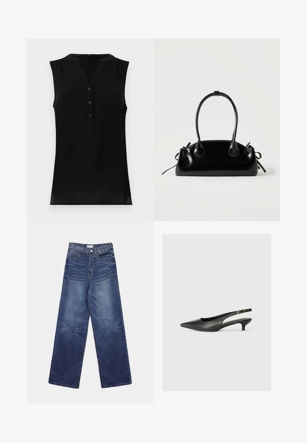 Sort ærmeløs top med V-hals, knappetryk foran og subtile plisseringer ved skuldrene. Lavet af blødt, letvægtsstof med en glat overflade.; Vidbenede denimjeans i mørkeblå, med høj talje, tydelige falmninger foran og klassisk femlomme-design.; Sorte spidse slingback-sko lavet af glat læder. Har en tynd hæl og en spænde detalje på den justerbare rem.; Lille sort blank håndtaske med to lange håndtag og snøre-detaljer i siden på en ensfarvet lys baggrund.