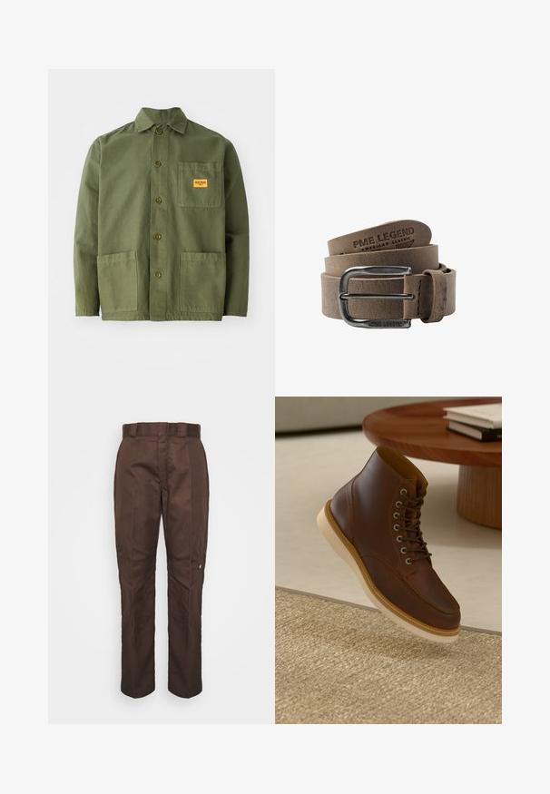 Veste verte olive en coton épais, avec un col pointu, des boutons à l'avant et deux grandes poches plaquées. Comprend un petit patch avec un logo.; Pantalon marron à jambe droite avec une texture lisse. Présente des passants de ceinture, des coutures latérales et un petit logo de marque sur la jambe gauche.; Bottine en cuir marron avec semelle beige sur un tapis beige texturé à côté d'une table ronde en bois avec des livres empilés.; Ceinture en cuir brun avec une surface texturée, dotée d'une boucle en métal argenté et d'un logo en relief. Conception plate avec des bords cousus pour plus de durabilité.