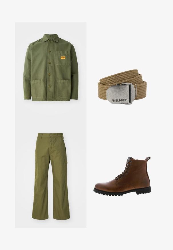 Veste verte olive en coton épais, avec un col pointu, des boutons à l'avant et deux grandes poches plaquées. Comprend un petit patch avec un logo.; Pantalons larges vert olive en tissu durable, dotés d'une fermeture à bouton, de poches latérales et d'un design à ourlet droit.; Bottines en cuir marron avec une finition texturée, œillets en métal et semelle en caoutchouc noir à crampons. Comprend une languette à l'arrière pour un enfilage facile.; Ceinture en tissu tissé couleur fauve enroulée, avec une boucle rectangulaire en métal argenté gravée de "PME LEGEND".