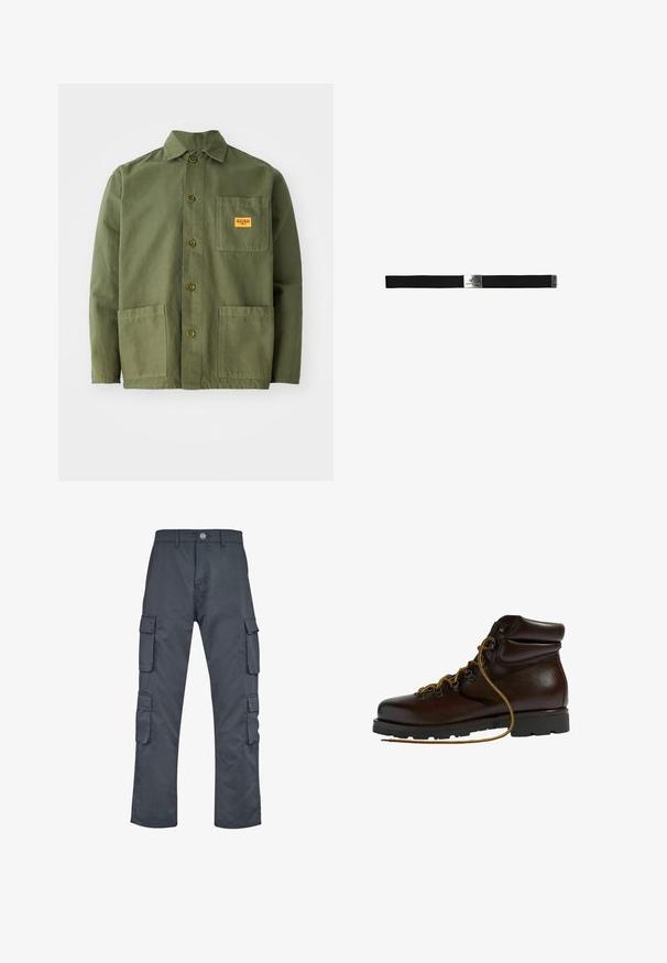 Veste verte olive en coton épais, avec un col pointu, des boutons à l'avant et deux grandes poches plaquées. Comprend un petit patch avec un logo.; Pantalons cargo gris foncé avec une coupe droite, dotés de plusieurs poches latérales et d'une fermeture à bouton à l'avant. Fabriqués en tissu durable.; Bottine de randonnée en cuir marron avec un bout arrondi, surface texturée, lacets jaunes et œillets en métal. Dotée d'une semelle en caoutchouc noir robuste.; Ceinture élastique noire avec une boucle en métal argenté arborant le logo "Alpha Industries", design plat et texture lisse.