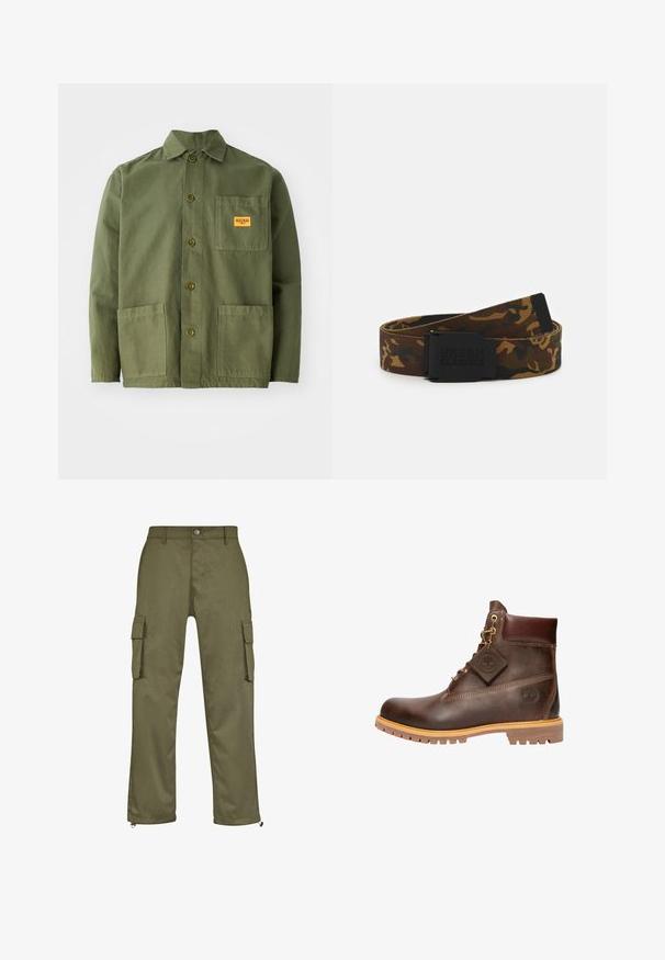 Veste verte olive en coton épais, avec un col pointu, des boutons à l'avant et deux grandes poches plaquées. Comprend un petit patch avec un logo.; Pantalons cargo verts olive avec une coupe droite, deux poches latérales et des fermetures éclair au niveau des chevilles. Fabriqués à partir de tissu durable.; Bottine en cuir marron avec un bout rond, une semelle robuste, des éléments en doré et un dessus texturé. Comprend une étiquette de logo attachée.; Ceinture en tissu camouflage dans des teintes de marron et de vert, dotée d'une boucle noire avec le logo "URBAN CLASSICS" et une finition texturée.