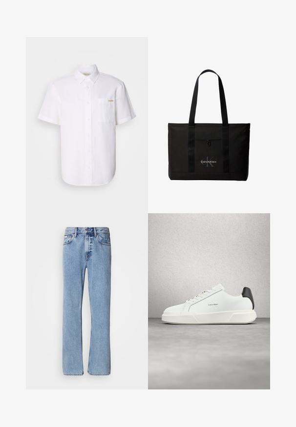 Weißes kurzärmeliges Hemd mit Knöpfen aus leichtem Stoff, mit einer Brusttasche und einem dezenten Logodetail. Sanfte Textur und klassischer Kragen.; Hellblaue Jeans aus Denim mit geradem Bein, fünf Taschen und Knopfverschluss. Nähte in der Nähe der Taschen und des Bundes.; Weiße Sneaker mit glattem Lederobermaterial, flachen Schnürsenkeln und erhöhter weißer Sohle. Verfügen über einen schwarzen Akzent an der Ferse und ein geprägtes Logo.; Schwarze Calvin Klein Tote-Tasche mit zwei langen Griffen und Fronttasche, mit dem Markenlogo in Weiß und Grau.