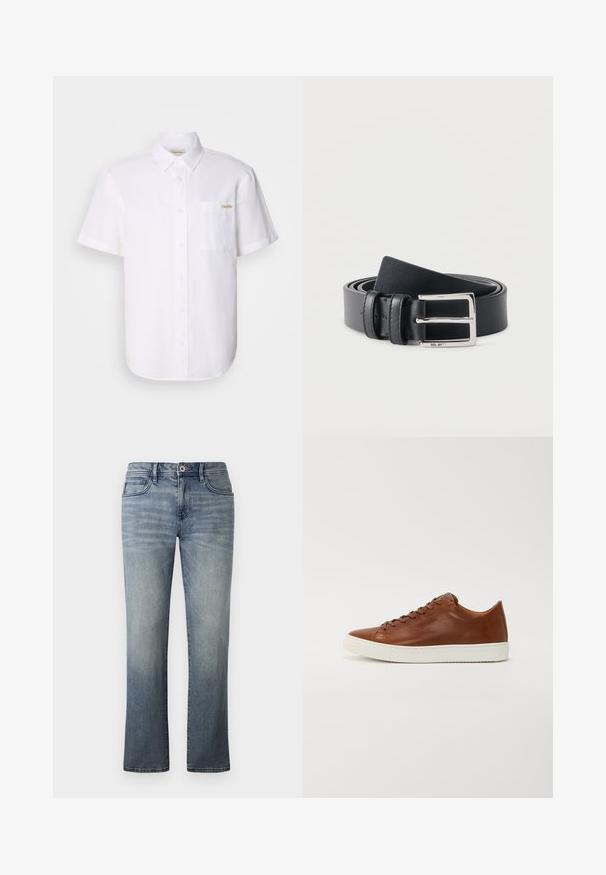 Valge lühikeste varrukatega nööpidega särk, mis on valmistatud kergest kangast, omades rindu taskut ja peent logo detaile. Sile tekstuur ja klassikaline krae.; Heledad denim-jeans kerge pesu, sirge säärega disain, viie taskuga stiil, metallist nupu sulgemine ja peened pleekinud detailid.; Pruunist nahast spordijalats, millel on ümar varvas, valge kummist tald ja puhtad jooned. Omab seotud sulgemist ja diskreetset brändingut küljel.; Mustast nahast rihm, rullitud hõbedase ristkülikukujulise metallist pandlaga, mille alumisel serval on väike "NN.07" tekst.