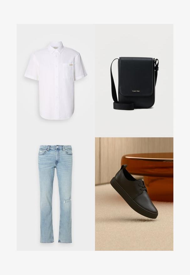 Weißes kurzärmeliges Hemd mit Knöpfen aus leichtem Stoff, mit einer Brusttasche und einem dezenten Logodetail. Sanfte Textur und klassischer Kragen.; Hellblaue Jeans mit geradem Bein, einem ausgefransten Riss am rechten Oberschenkel, vorderen Taschen und einem Taillenbund mit Knopfverschluss.; Schwarzer Freizeit-Sneaker aus Leder mit Schnürsenkeln, schwebt über einem beigen Teppich, im Hintergrund ein bernsteinfarbenes, rundes Glastisch.; Schwarze Calvin Klein Umhängetasche mit Klappe, verstellbarem Riemen und kleinem goldfarbenem Logo auf der Vorderseite, vor einem schlichten weißen Hintergrund.